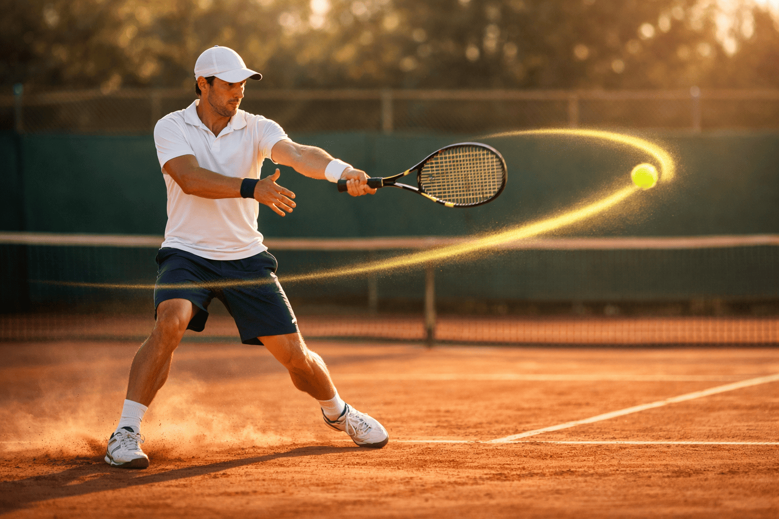 tennis player hitting a powerful forehand on a clay court