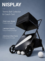 NISPLAY tennis ball collector and coach cart in black with a white accent stripe, shown on a blue-gray studio background