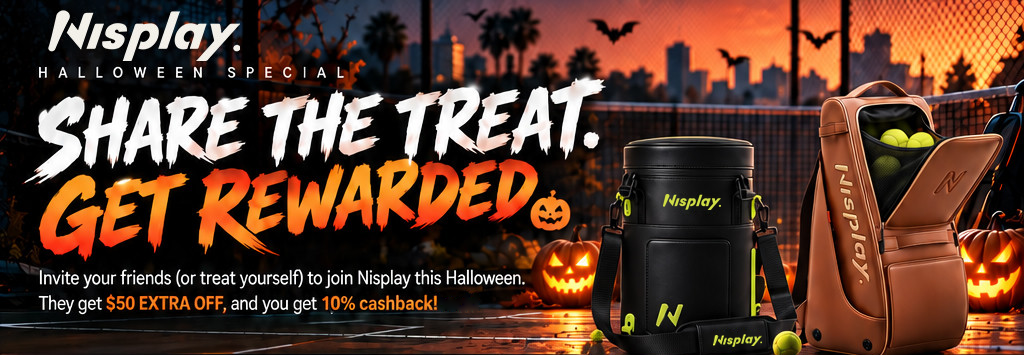 Nisplay Halloween Special. Share the treat. Get rewarded. L1 and Y1 on a Halloween tennis court.