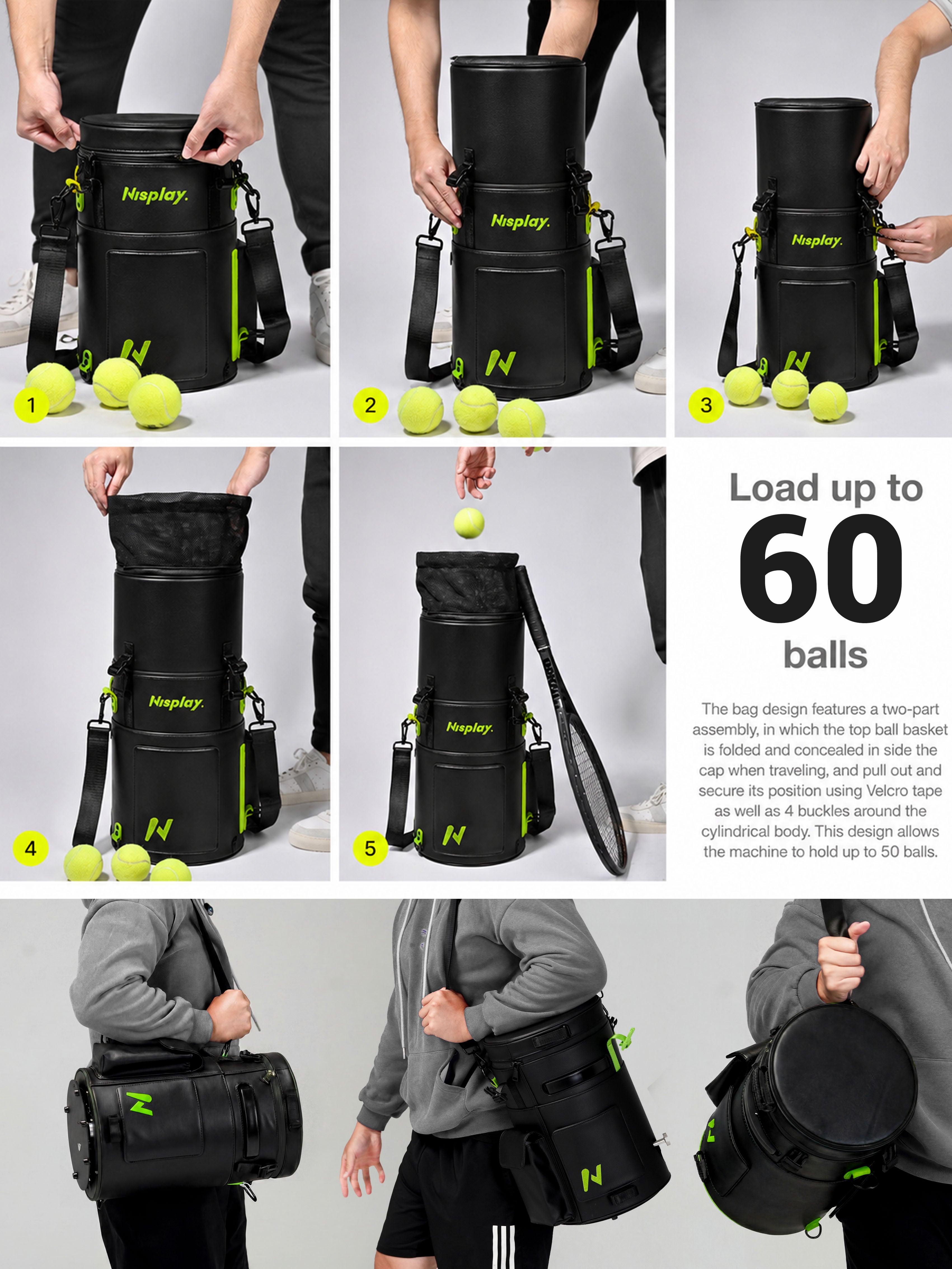nisplay l1 tennis ball machine load up to 60 balls