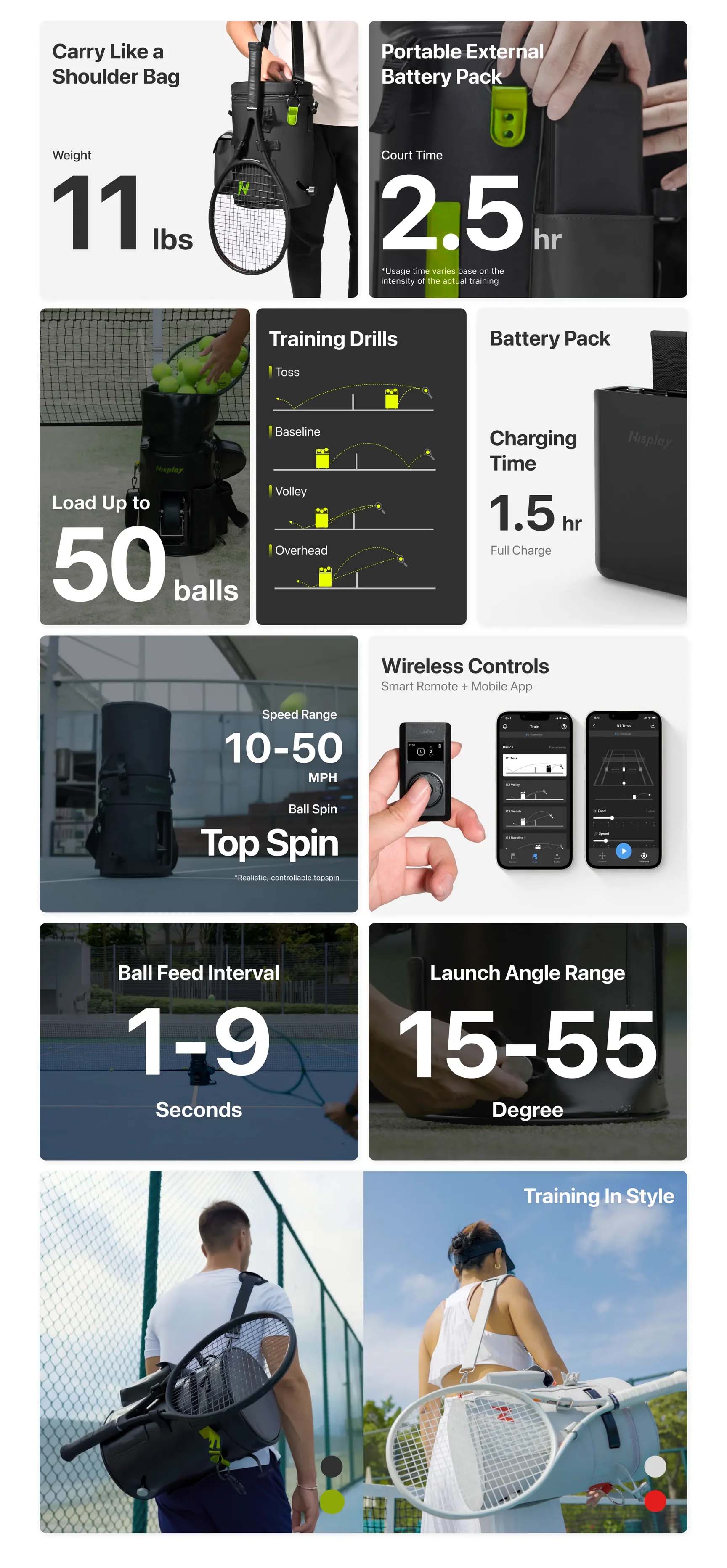 nisplay l1 tennis ball machine specifications